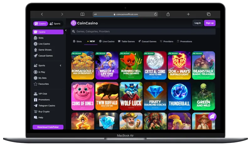 CoinCasino game lobby with featured slots