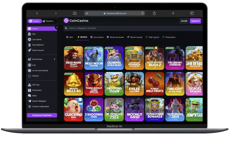 Lobby giochi CoinCasino con slot in evidenza